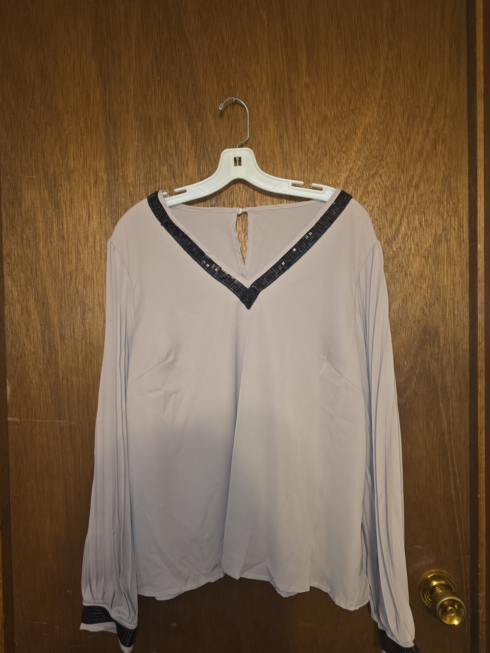 Women’s Light Beige V-Neck Blouse with Sequin Trim